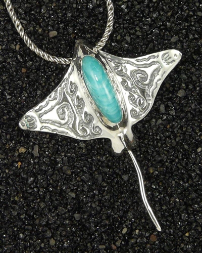 Hihimanu Pendant-Amazonite - GORGEOUS Sea-Green Amazonite & Sterling Silver Pendant w/ Chain, Sculptural Jewelry Art of Eagle Ray, Sea life, Handmade in Hawaii, Gift Boxed