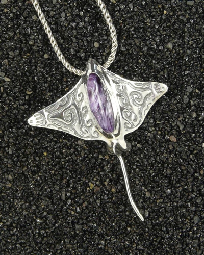 Hihimanu Pendant-Charoite-AMAZING Purple Charoite Gemstone & Sterling Silver Pendant w/ Chain Sculptural Jewelry Art of Eagle Ray Sea life Handmade in Hawaii Gift Boxed