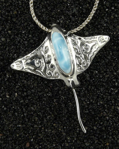 Hihimanu Pendant-Larimar - OH-SO-BEAUTIFUL Natural Blue Caribbean Larimar Gemstone & Sterling Silver Pendant w/ Chain, Sculptural Jewelry Art of Eagle Ray, Sea life, Handmade in Hawaii, Gift Boxed