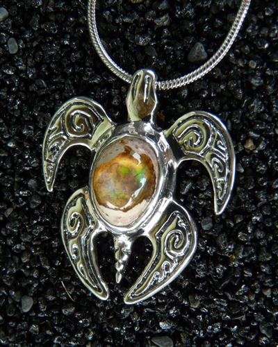 Spirit Honu Lii (small) Pendant-Mexican Opal, SUMPTUOUS, Exotic & Vibrant Precious Opal In Matrix & Sterling Silver Honu Pendant w/ Chain, Sculptural Jewelry Art, Sea life, Handmade in Hawaii, Gift Boxed
