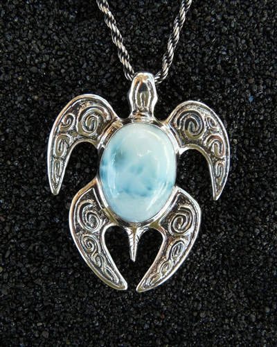 Spirit Honu Nui (large) Pendant-Larimar - OH-SO-BEAUTIFUL Natural Caribbean Blue Larimar Gemstone & Sterling Silver Honu Pendant w/ Chain, Sculptural Jewelry Art, Handmade in Hawaii, Gift Boxed