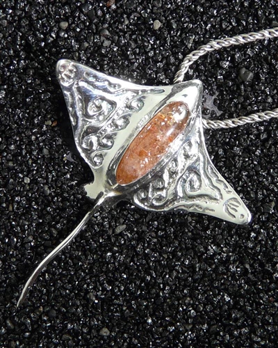 Hihimanu Pendant-Sunstone - EXOTIC Coppery Red Sunstone Gemstone & Sterling Silver Pendant w/ Chain, Sculptural Jewelry Art of Eagle Ray, Sea life, Handmade in Hawaii, Gift Boxed